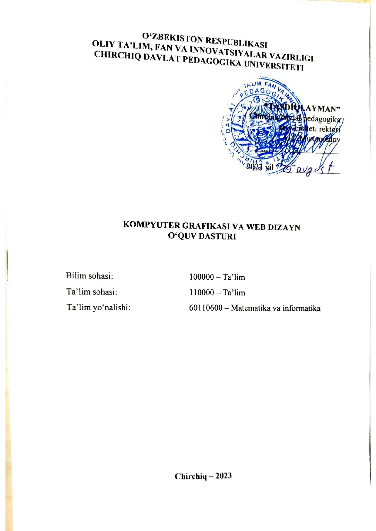 Kompyuter grafikasi va web dizayn 1 kurs kunduzgi